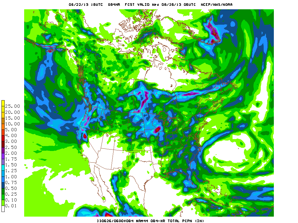 NAM 84-hour precipitation accumulation (NCEP). Hard to believe this is a map for late June in California!