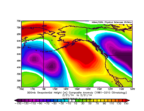 High-amplitude ridging is once again in place over the Northeastern Pacific. (NOAA/ERSL)