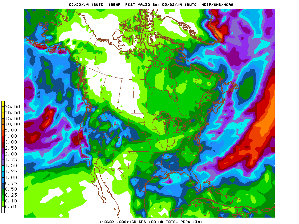 Projected total precipitation (GFS) for this week's storms. (NOAA/NCEP)