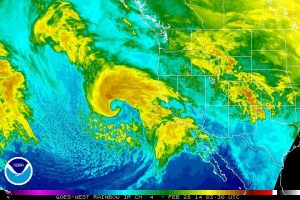 A beautifully well-defined winter storm brought significant precipitation to Southern California late in the winter. (NOAA)