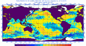Animation of 4-month global SST anomalies. Note persistent N. Pacific warm pool and developing equatorial El Nino signature. (NOAA)