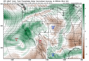 The GFS shows large precipitable water anomalies over California this weekend. (NCEP via Levi Cowan)