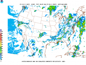 High-resolution NAM depicts an organized band of convection sweeping northwestward late Saturday into Sunday. (NCEP/NOAA)