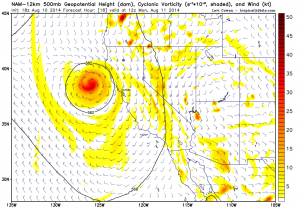 The NAM depicts a well-defined low pressure center and associated vorticity maximum just west of San Francisco. (NCEP via Levi Cowan)