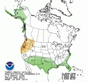 The most recent CPC precipitation outlook calls for below normal precipitation this fall in Northern California.
