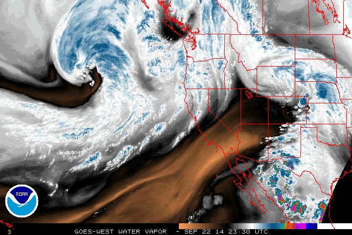 An impressive offshore storm system will weaken drastically before approaching the California coast later this week. (NOAA/SSD)