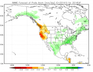 The North American Model Ensemble suggests dry conditions over California during DJF 2015. (NCEP)