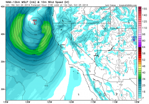 The NAM model depicts a region of fairly strong winds aloft associated with a deepening low pressure area off the NorCal Coast. (NCEP via tropicaltidbits.com)