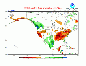 The CFS is currently suggesting an enhanced likelihood of a dry November in California. (NCEP)