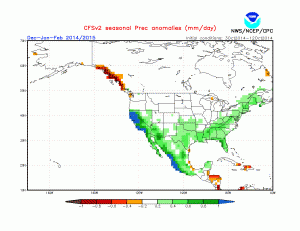 The CFS model projects wet conditions during DJF 2015. (NCEP)