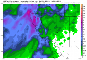 The GFS still suggests that heavy precipitation will occur this week over much of California (NCEP via tropicaltidbits.com).