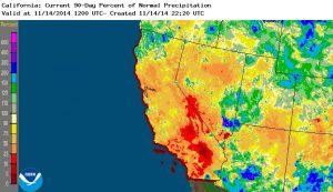 Precipitation for the past 3 months (including yesterday's rainfall) has been below average for almost all of California except for the North Coast region. (NOAA/NWS)
