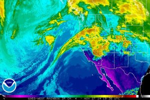 Infrared satellite imagery depicts a developing storm system off the coast of California (NOAA/SSD)