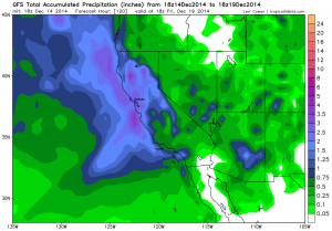 Numerical models are in agreement that substantial precipitation will fall across most of California this week. (NCEP via Levi Cowan)