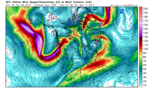 A very strong jet stream now extends across nearly the entire North Pacific Ocean. (NCEP via Levi Cowan)
