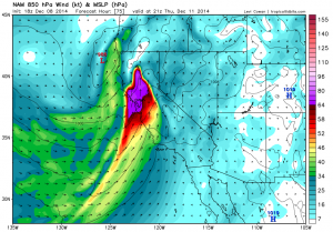 NAM depiction of very strong 850mb winds over Northern California early Thursday. (NCEP via Levi Cowan)