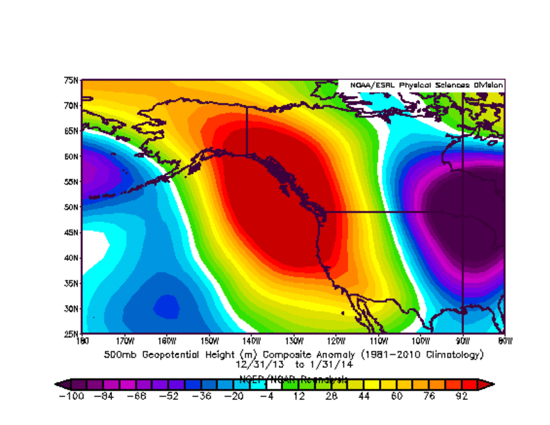 Animation showing high amplitude flow pattern during January 2014 vs the first 15 days of January 2015. (NCEP via ESRL)