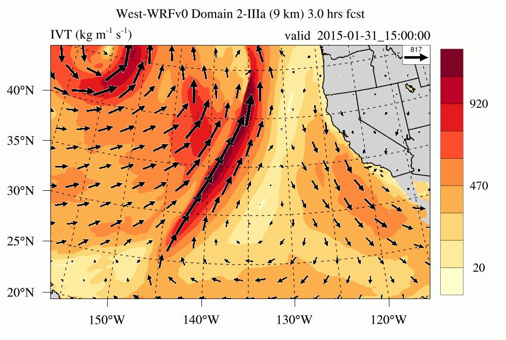 Animation of integrated vapor transport from the newly-implemented "West WRF" model, in support of the CalWater 2015 campaign. () 