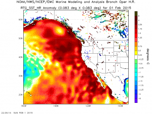 Extremely warm ocean temperature continue across the northeastern Pacific Ocean. NO