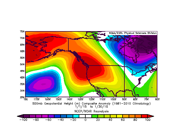 The large-scale atmospheric wave pattern in January 2014 and January 2015 are remarkably similar. (NCEP via ESRL).