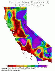 An active monsoon and an offshore low have combined to bring unusually heavy July precipitation to California's mountains. (WRCC)