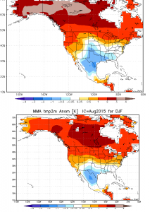 Side-by-side comparison of national vs. international multi-model ensemble forecast for winter 2015-2016. Both suggest above-average precipitation in California. (NOAA CPC)