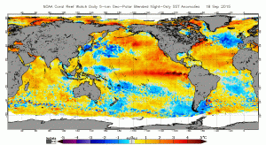 A very impressive, classic El Nino signature exists in recent sea surface temperature anomaly plots. (NOAA Coral Reef Watch)