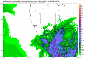 The GFS is painting heavy tropical precipitation across a wide swath of Southern California this week. (NCEP via tropicaltidbits.com)