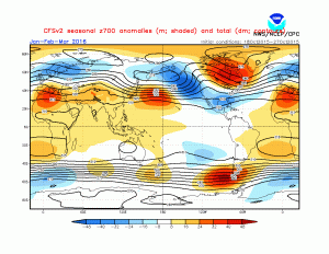 The CFS model is very strongly suggesting a large-scale pattern over the Pacific that would be very conducive to an active California winter. (NCEP)