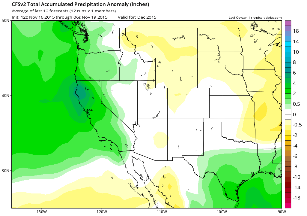 Animation of seasonal precipitation forecast by CFS. All of California is very wet during December-March. (NCEP via tropicaltidbits.com)