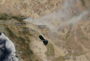 The Lake Fire has been producing a large smoke plume--visible from space--as it continues to burn in and near the San Bernardino National Forest. (NASA)
