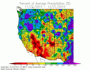 Much of Northern California has experienced near-average precipitation to date, while Southern California is uniformly below average. (WRCC)