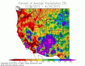 California has experienced a mix of above and below average precipitation during June, while the Pacific Northwest has experienced far below average rainfall. (WRCC)