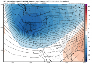 A robust cold system will swing across California, bringing widespread rain, gusty winds, and low snow levels. (NCEP via tropicaltidbits.com)