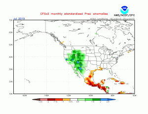 The CFS model is currently suggesting the potential for an usually active warm season pattern during July across California and the rest of the Southwest. (NOAA/CPC)