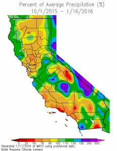 California is presently a 50/50 patchwork of above and below average precip for the season. (WRCC)