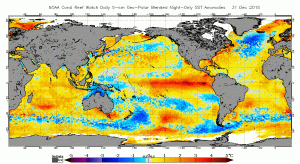 One of the strongest El Niño events in decades continues to mature in the tropical Pacific Ocean. (NOAA Coral Reef Watch)