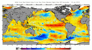 Very high ocean temperature anomalies persist in the equatorial Pacific Ocean. (NOAA Coral Reef Watch)