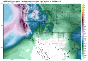The GFS ensemble shows high confidence in heavy precipitation as far south as Monterey County over the coming 7 days. (NCEP via tropicaltidbits.com)