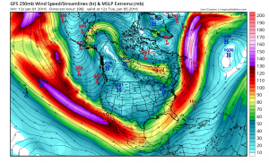 A powerful and likely El Niño-influenced subtropical jet will develop over and south of California, creating a favorable condition for significant precipitation. (NCEP via tropicaltidbits.com)