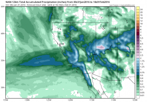 Rainfall totals tomorrow will be substantial across Southern California but very light or nonexistent across Northern California. (NCEP via tropicaltidbits.com)