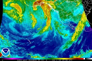 An active storm track can be seen in satellite imagery developing over the Eastern Pacific. (NOAA)
