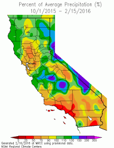 Season-to-date precipitation remains a patchwork of above and below-average across the northern 2/3 of CA with SoCal almost uniformly below average. (WRCC)