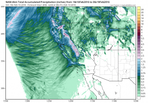 High-resolution NAM forecast is depicting widespread precipitation associated with the Wednesday system. (NCEP via tropicltidbits.com)