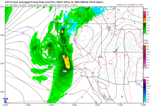 A respectable storm will affect nearly all of California from late Friday into Saturday. (NCEP via tropicaltidbits.com)