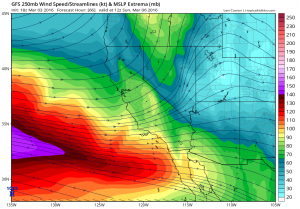 The jet stream will be in a favorable position for active weather across California this weekend. (NCEP via tropicaltidbits.com)
