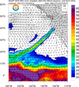 The imminent atmospheric river can be traced all the way back to the Hawaiian Islands. (NCEP via Scripps)