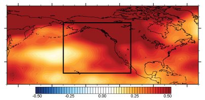Map depicting the contribution of Oct-May temperature changes in the lower half of the atmosphere to changes in middle atmospheric pressure (500 mb geopotential heights). Red and orange shades show where thermal expansion due to warming have caused middle atmospheric pressure increases (meters/year). Adapted from Swain et al. 2016, Science Advances.