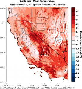 California has yet again been much warmer than the long-term average in recent months. (West Wide Drought Tracker)