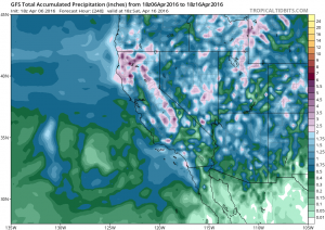 All of California is expected to receive a soaking rain this weekend, and some spots could see rather heavy rainfall. (NCEP via tropicaltidbits.com)